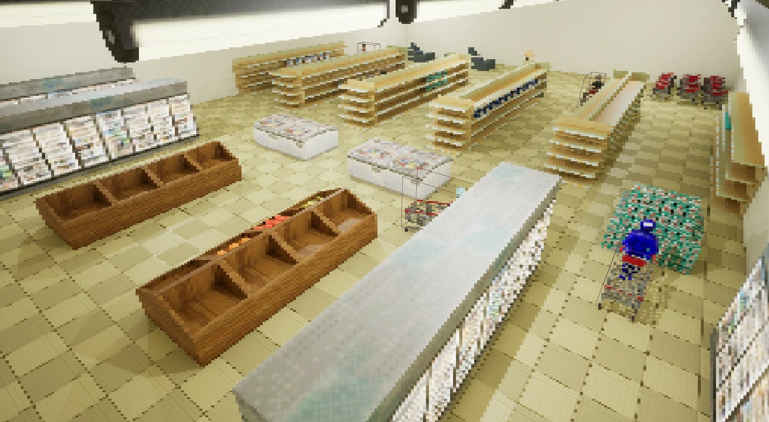 perspective shot of the grocery store map in the video game beast mart speed run. there are aisles and a cookie monster figure with a shopping cart