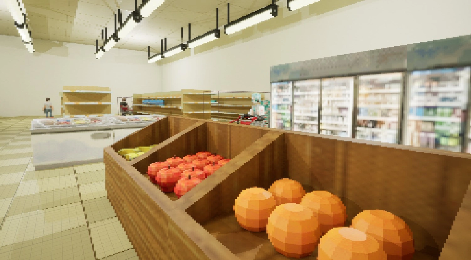 close up shot of one of the grocery store displays in the video game beast mart speed run. it is the produce section with apples and oranges