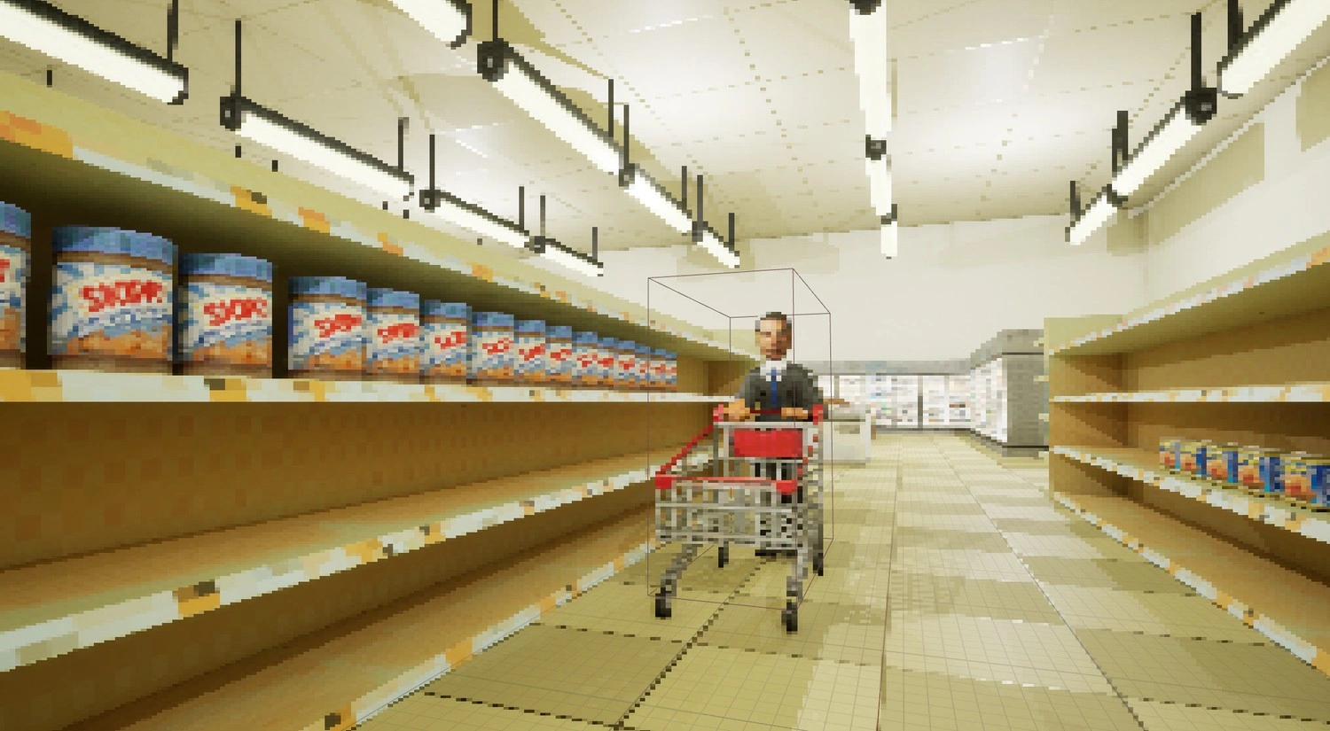 perspective shot of a customer in an aisle of the grocery store map in the video game beast mart speed run. a familiar presidential figure is shopping