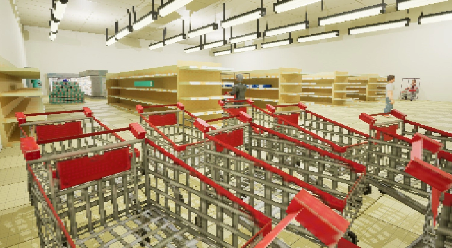 cinematic close up shot of a group of shopping carts in the corner of the grocery store map of the video game beast mart speed run. you can see cash registers and aisles in the back