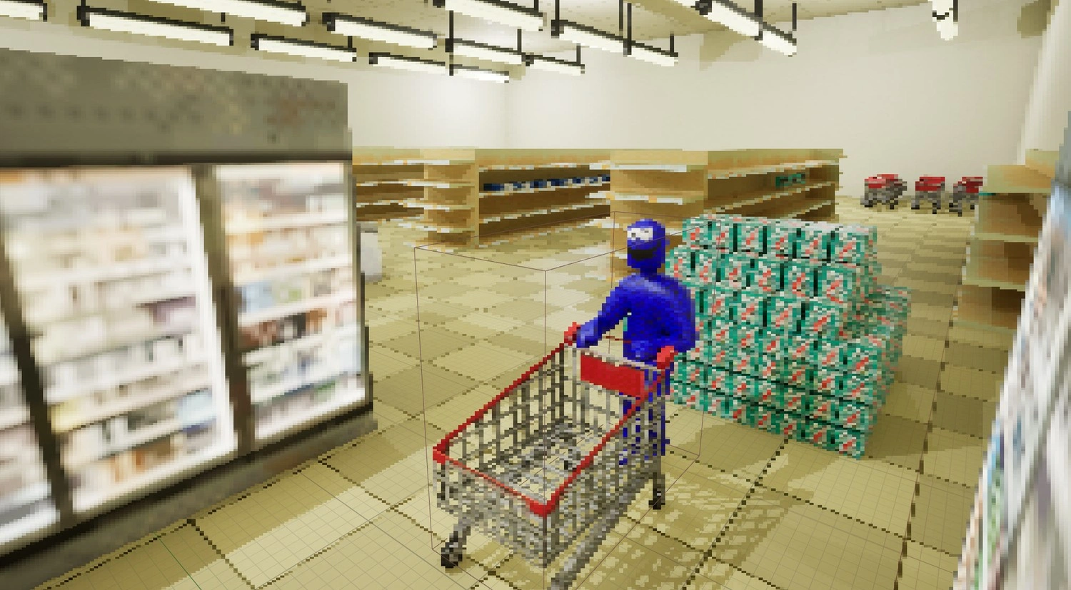 general camera shot of a grocery store customer with their cart next to a pile of soda packs and a freezer display. aisles of the grocery store can be seen behind this