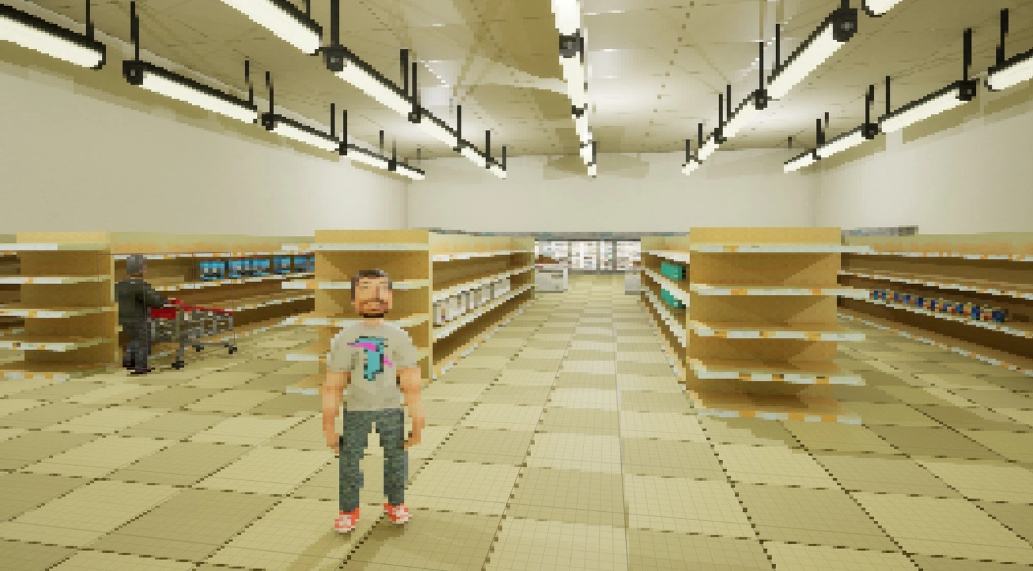 general camera shot of a figure resembling a popular youtuber stands in front of the vast aisles of the grocery store map in beast mart speed run
