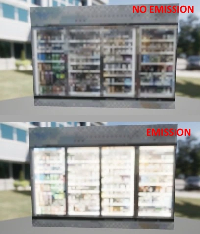 image comparison of a model with emissions textures off and on for a fridge model low poly retro psx style