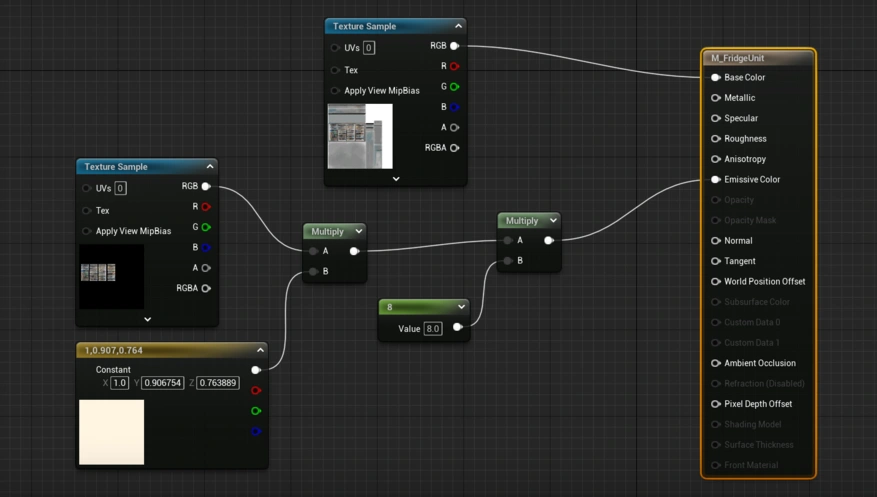 unreal engine materials editor screenshot of the emissions and materials for a low poly retro psx style fridge unit 3d model
