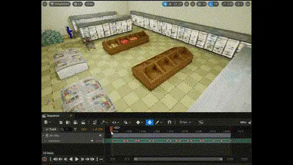 unreal engine 5 editor and timeline view of animated npc pathing for the video game beastmart speedrun