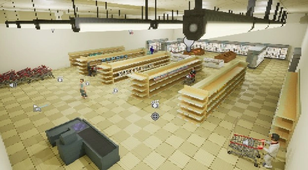 perspective view of the grocery store level design from the point of view of a ceiling corner. grocery aisles and sections of the store can be seen