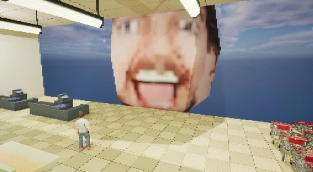 cinematic shot of a portal appearing in the mouth of a bigger 3d model low poly retro psx style human for a video game