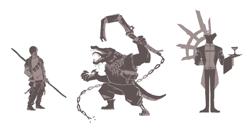 digital drawing of 3 different unique silhouetted characters. one is a humanoid cyber punk futuristic soldier wielding a pole. one is a mutant crocodile bipedal warrior with a big scrap hook weapon. one is an elegant dog humanoid butler