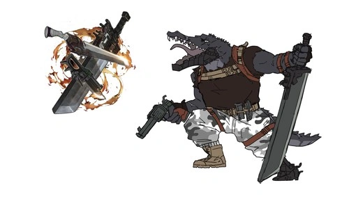 digital drawing of a humanoid crocodile with colors blocked in. this humanoid crocodile has grayish blue scales and a raw iron metallic jaw. it looks like scrap metal has been further welded onto the main structure of the jaw. there are scar marks all around his body and where the jaw attaches. he wields a revolver in one hand and a giant two handed sword in the other hand. both are made of metal with scrap metal further welded onto the handles. he wears a ripped sleeve t shirt that is black. he is wearing white camo pants. he has various brown straps and belts as accessories. he has a belt that holds a switch blade and flash grenade. he has a prosthetic metal foot with scrap metal welded onto its main structure. he is wearing a light tannish brown military boot. to the left of the character drawing is a reference image from alchemy stars. it is three weapons, one great sword, one sword, and one dagger with a revolver like structure. there are metal scraps welded onto their handles.