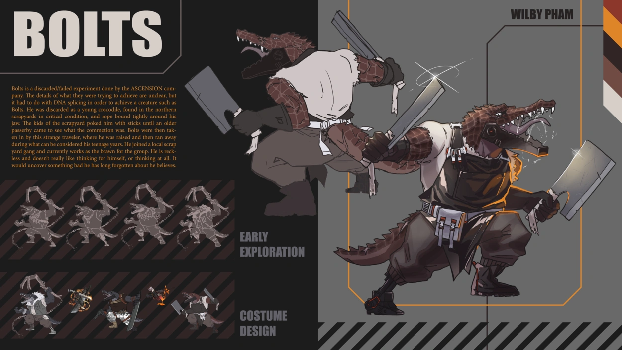 2d digital graphic of a character and their design. bold graphic design shows his name to be bolts and there is a paragraph on his background. the graphic design shows the early exploration of designs fo rthe character and various costume designs. there is a final front and back view of the final render and a color scheme for the character. the character is a humanoid crocodile with red scales wielding two butcher's cleavers and a latex apron. other accessories suggest a cyber punk futuristic dystopian environment. he has scars across his body and his bottom jaw is made of metal