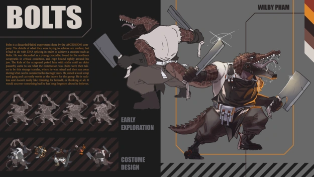 2d digital graphic of a character and their design. bold graphic design shows his name to be bolts and there is a paragraph on his background. the graphic design shows the early exploration of designs fo rthe character and various costume designs. there is a final front and back view of the final render and a color scheme for the character. the character is a humanoid crocodile with red scales wielding two butcher's cleavers and a latex apron. other accessories suggest a cyber punk futuristic dystopian environment. he has scars across his body and his bottom jaw is made of metal