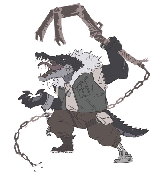 digital drawing of a humanoid crocodile with colors blocked in. this humanoid crocodile has scars, rings, a metal bracelet with a chain hanging from it, a large double hook weapon with bandages on the handle and a hook dangling from the bottle. he has a metal jaw with a screw where the joint that unhinges it should be. his scales are a dark blue. hes wearing a furry fuzzy hooded military green vest with fishermen's pockets. underneath is a tannish white ripped sleeve t shirt. he is wearing dogtags. he is wearing brown pants with little pouches attached around his thigh. he has a metal leg with screws and pistons. he is wearing black and white combat boots.
