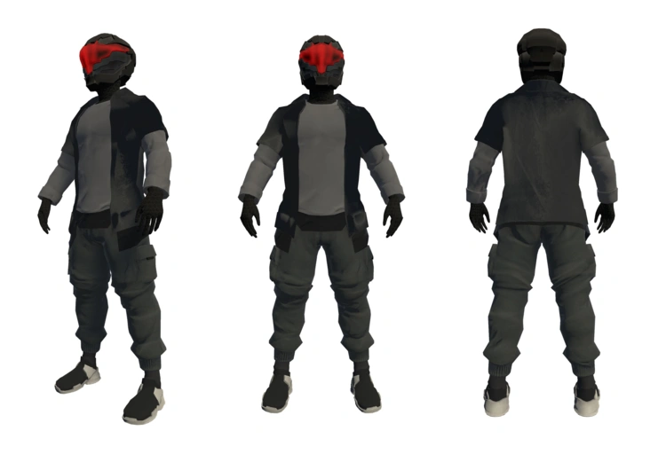 3d model rendered in maya. it features a turnaround of a cyber soldier futuristic character with a black and red unique helmet. it has front back and 3/4 view