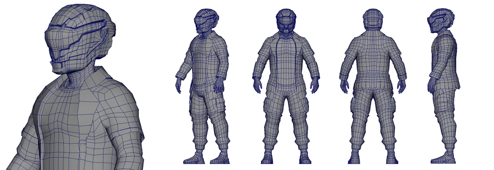 maya render of 3d model of a futuristic cyber punk soldier. it has a close up of the helmet and upper body, and full front, back, side, and quarter views. the render is untextured wireframe