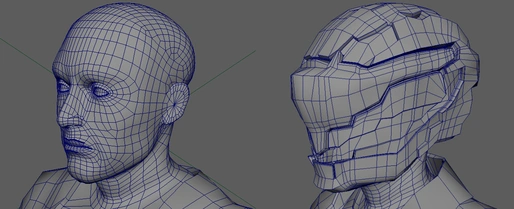 close up wireframe mesh comparison screenshots in maya viewport of a human model head. it depicts a human head before and after having a helmet replace the head mesh