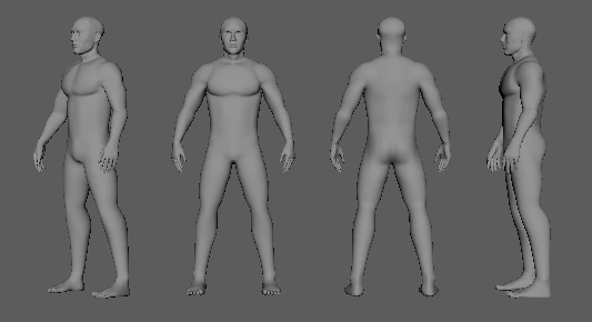 screenshots in maya viewport of a human model. it is a turnaround of several full body views. there is a quarter view, front, back, and side view