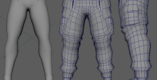 close up wireframe mesh comparison screenshots in maya viewport of a 3d model humanoid legs. it depicts the legs before and after adding a futuristic punk pants mesh to the legs