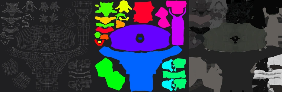 images of the 3d model of a futuristic cyber punk soldier. theres a uv map, an id map, and a texture map