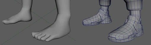 close up wireframe mesh comparison screenshots in maya viewport of a 3d model humanoid feet. it depicts the feet before and after adding a futuristic shoe mesh to the feet