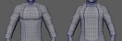close up wireframe mesh comparison screenshots in maya viewport of a 3d model humanoid torso. it depicts the torso before and after adding a jacket mesh to the torso