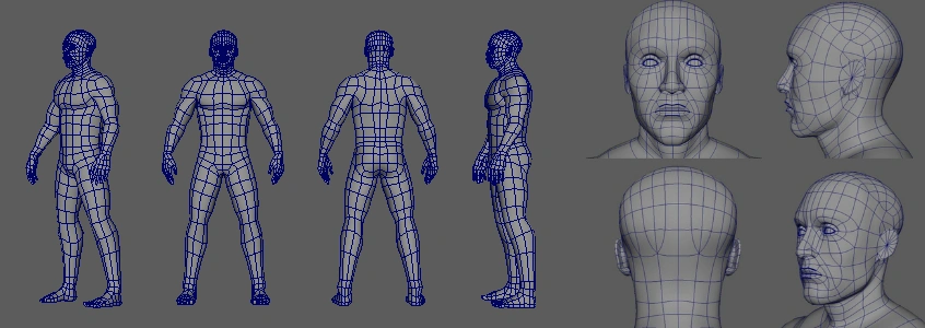 screenshots in maya viewport of a human model. it is a turnaround of several full body views. there is a quarter view, front, back, and side view. they are all in wireframe view. there is an additional close up on the head and face topology. there are the same kinds of views for the turnaround
