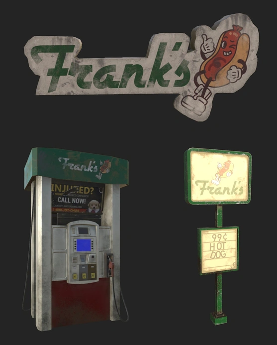 three 3d-models. the first is a close up of the gas station sign. it says frank's and has a retro hot dog mascot drawing next to it. the second model is a tall standing gas station sign with two rectangular signs on a pole. the top is the franks logo and hot dog mascot. the bottom has lettering advertising 99 cent hotdogs, the letters are slightly crooked. the third model is a gas pump station. there is an ad for a lawyer on the ad slot of the gas pump. all models share a similar color scheme and are weathered worn and torn with dust and grime and scratches.