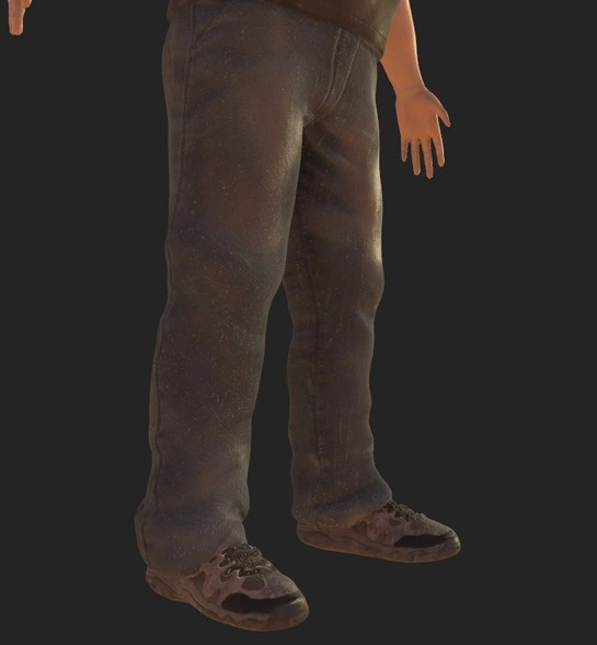 close up shot of the bottom half of the 3d-model. it shows worn down jeans with dirt and grime on it and a pair of brown outdoorsy shoes. the screenshot was taken in substance painter editor