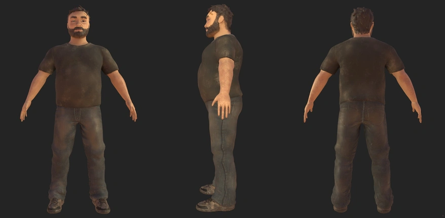 a screenshot of a 3d model of an old male model textured in substance painter. there are turn around views of the front, side, and back. he is wearing a black t shirt and jeans and brown outdoor shoes. his hands are small, his dark brown hair is wild, his bear unkept, his face stern, and his eyebrows wild. he has one discolored white-ish eye from a medical condition and the other is brown. his clothes are covered in dirt. he has a bandage on his forehead.