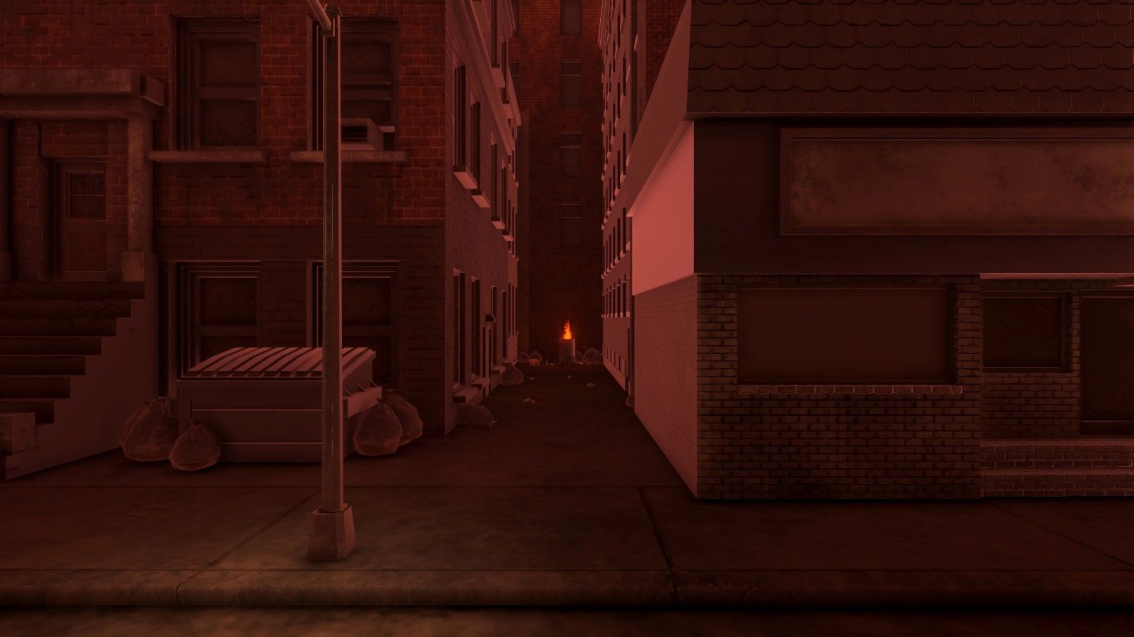 post-apocalyptic city alleyway, an oil barrel is lit with a fire. trash litters the street and the city block is covered in a layer of dust and grime. the shot is tinted red