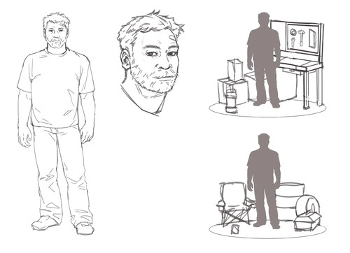 initial sketch of a character design for an old man who is camping and survival oriented. there is a front facing full body, 3/4 facing head shot and silhouette iterations with possible character props. the character has short messy hair, an unkempt bear, wild eyebrows, and a bandage on the side of his forehead. he is wearing a t shirt and jeans and has small hands and a weird posture
