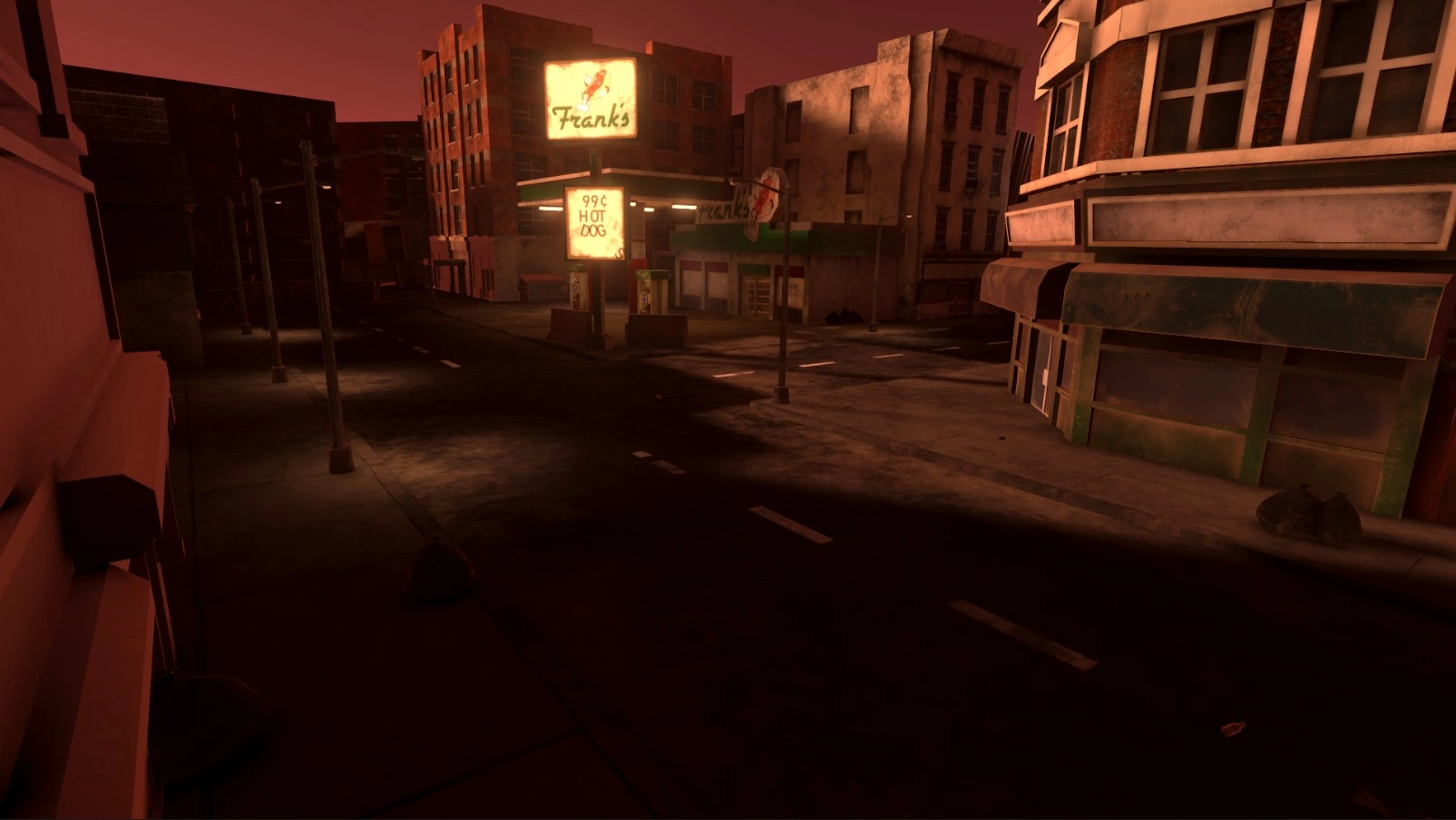 a perspective picture taken from a corner of the city block. the buildings and roads are covered in dust and grime, that wear and tear is illuminated by the few working street lights on the block. the focal point of the image is the one building with power and lights, frank's gas station, all exits to the city are blocked by fallen buildings and rubble.