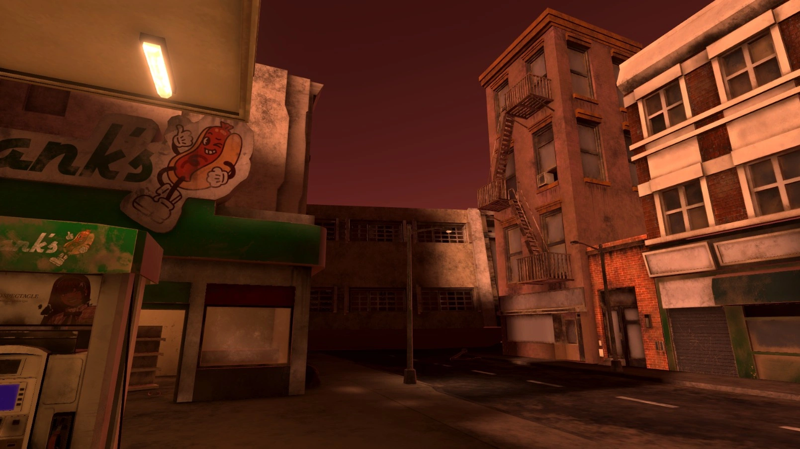 a perspective shot showing parts of many buildings in this post apocalyptic city. the road is blocked by a fallen building, a fire escape for a building is in plain view, while part of a gas station can be seen on the left of the image. the road and city block is covered in a layer of dirt and grime and the picture is tinted red.