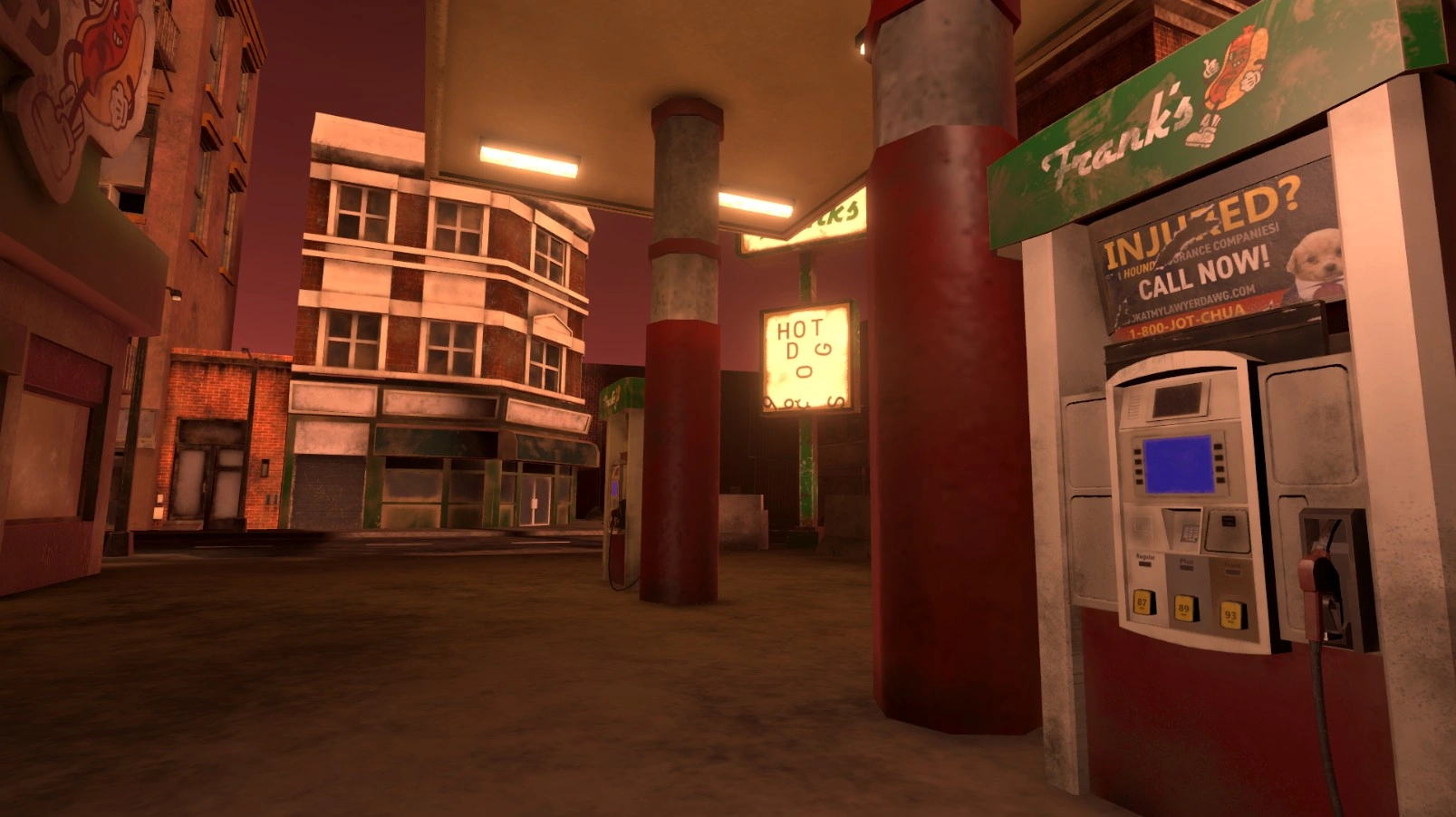 a low angle shot of the gas pump station at a gas station in a dusty and grime covered city block. a torn ad for a lawyer is plastered on the closest gas pump. the gas pumps are branded with a mascot hot dog character named frank. a glowing gas station sign with fallen letters is seen in the background. the image is tinted red