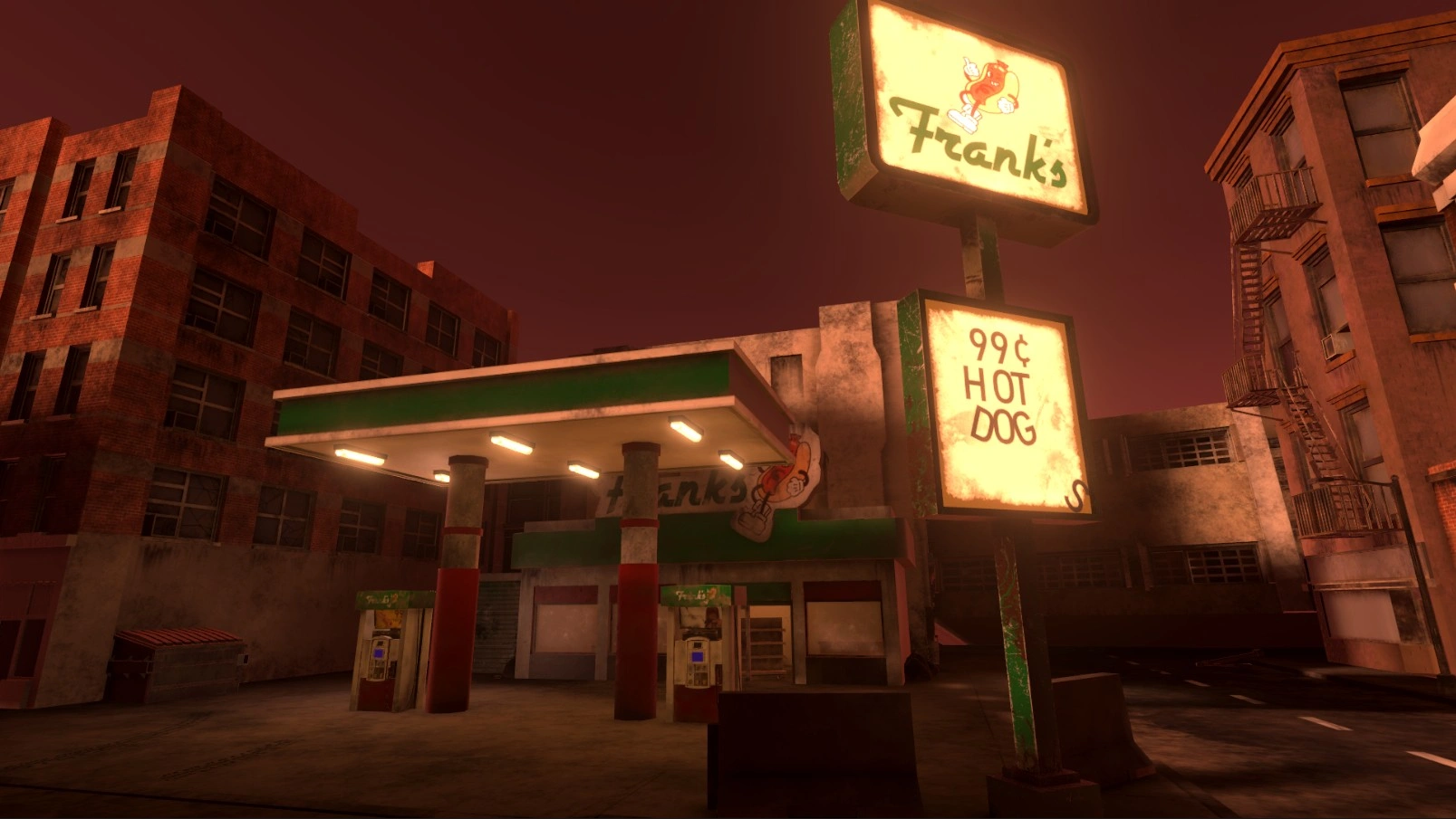 a full view of the illuminated frank's hot dog mascot green gas station can be seen. the gas station sign has falling letters. the building, gas pump station, and surrounding city block is covered in a layer of dirt and grime. there seems to be no one around and no other buildings are in service. the photo is tinted red