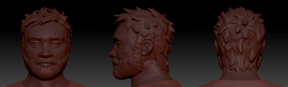 a close up screenshot of a 3d model of an old male model head sculpted in ZBrush editor. there are turn around views of the front, side, and back. his hair is wild, his bear unkept, his face stern, and his eyebrows wild.