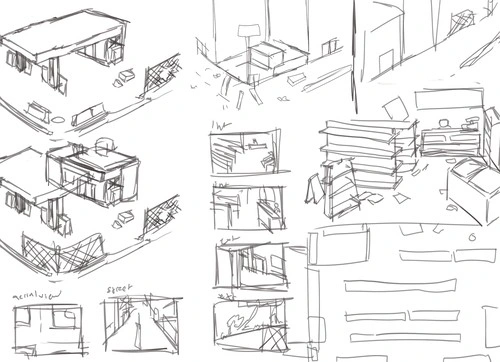 digital sketches with several iterations of dilapidated post-apocalypse city blocks, buildings, and gas stations and related props