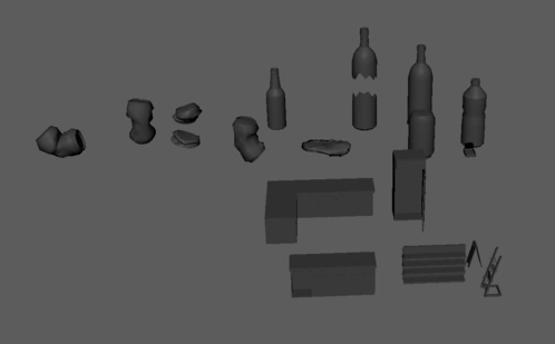 screenshot of assorted untextured unlit 3d model assets in maya editor. there are various crushed soda cans, broken bottles, bottles, store shelves, racks, and countertops for a gas station
