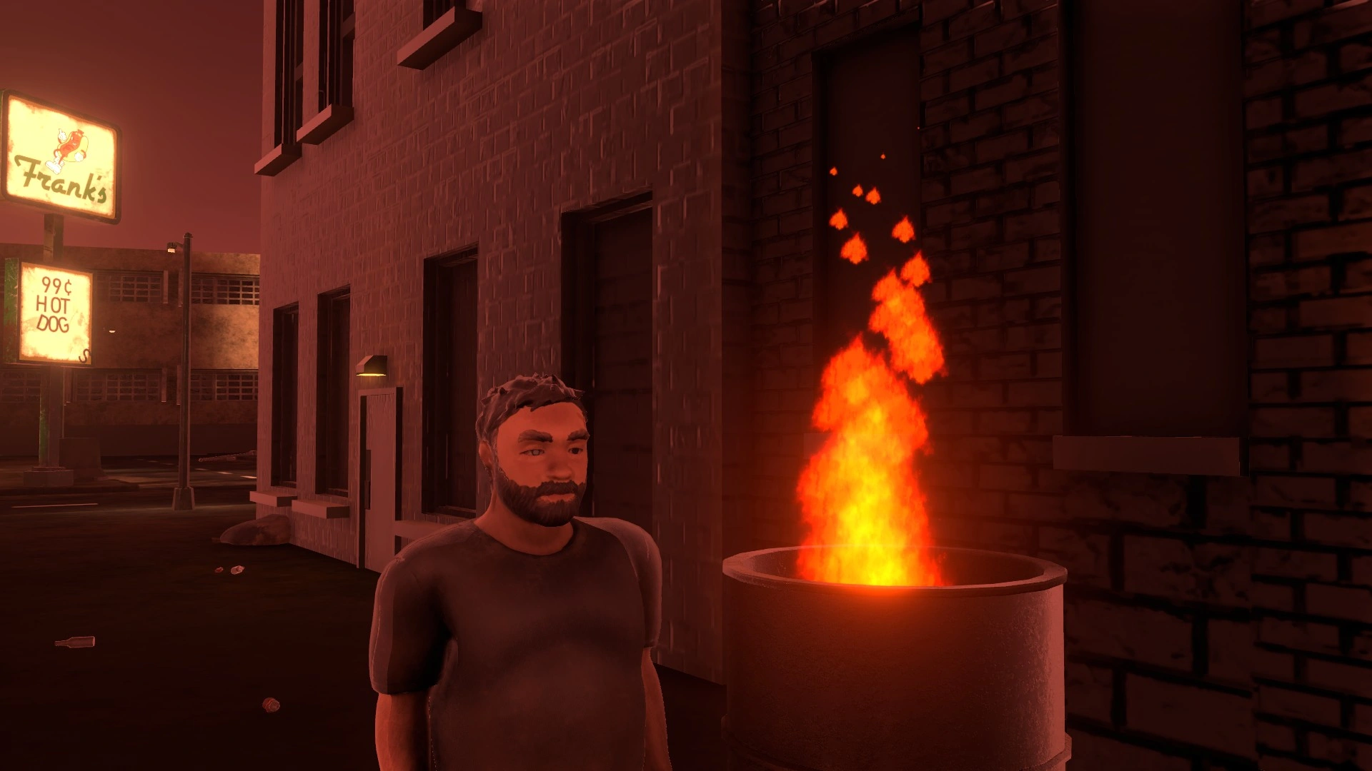 a 3d model of an adult male with one eye lighter than the other likely due to a health condition. he stands next to an oil barrel with a fire in it. they are in an alley way covered with litter. there is a light on in the building behind him, and the towering sign of the gas station and its fallen lettering are in the background. the city block is covered in dirt, dust, and grime. the image is tinted red.