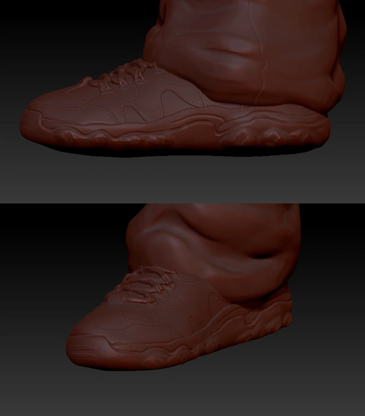 two close up shots of the 3d model character's shoe. it sports an outdoorsy design with laces and textured bottom for better tread. part of the bottom of the character's jeans are showing, it has a seam going down the middle side