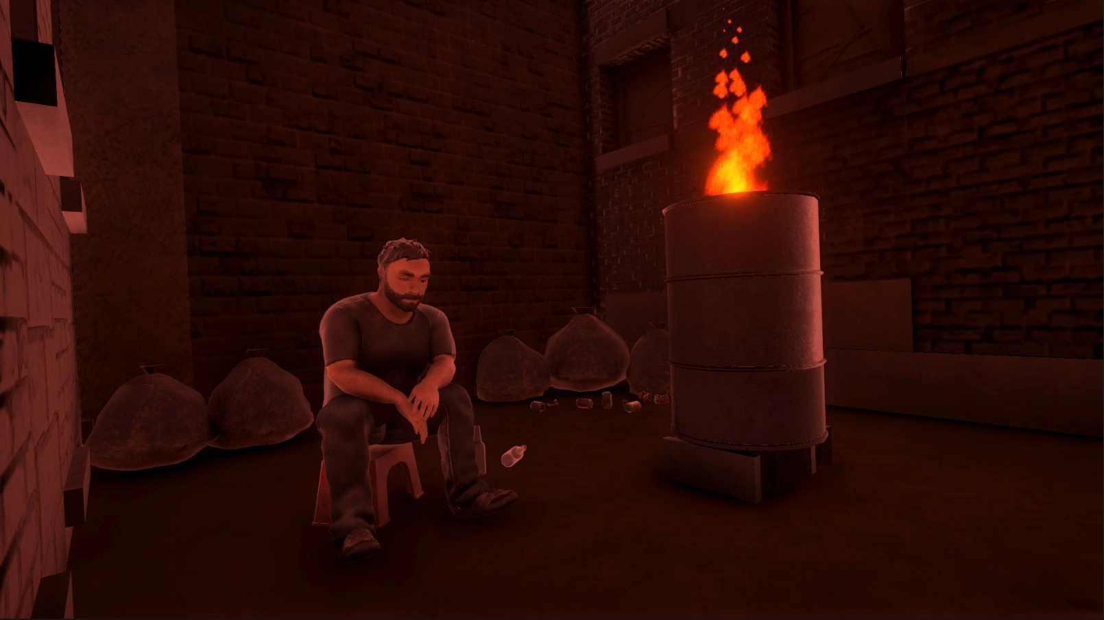 a 3d model of an adult male sits hunched over on a small stool with his elbows resting on his thighs. he sits next to an oil barrel with a fire in it propped up by cinder blocks. behind him is the end of the alleyway he is in with a bunch fo full trash bags and assorted trash piled against the wall. next to him are a couple bottles. the image is tinted red.