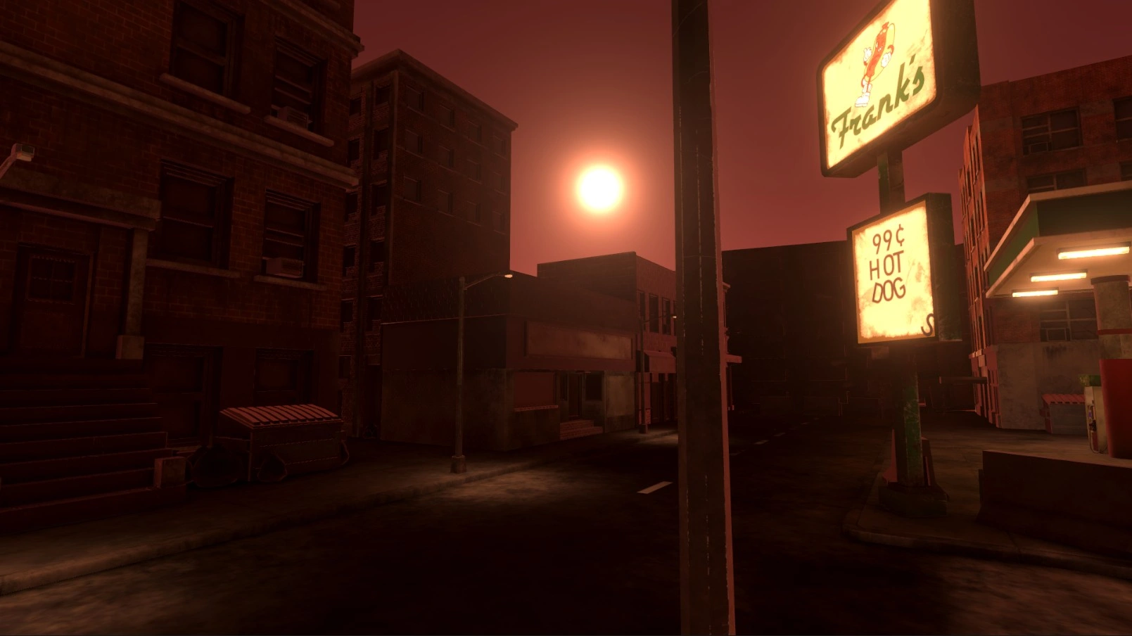 an atmospheric shot of most of the abandoned, dusty, grimy, grimey, abandoned town. the only signs of life are the lights coming from the gas station. the tall standing gas station sign shows the mascot and advertises 99 cent hot dogs, the s in the sign has fallen down from the rest of the aligned letters. the image is tinted red.