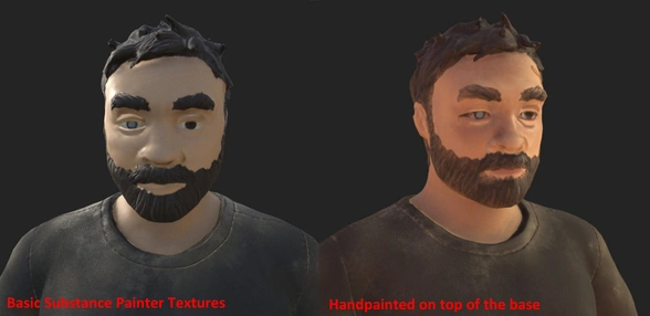 two close up shots of the 3d model character's head. one is with basic substance painter textures, one is with handpainted textures on top of the base. it is clear with the handpainted textures on the face and head that the character looks more dimensional and realistic. the one without these details looks like a clay model