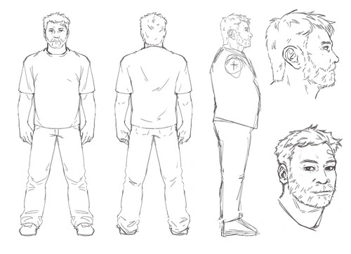 turnaround character sheet design for an old man. there are several views: back, front, side, and side profile for face. the character is wearing a t shirt and jeans and is old, has wrinkles, a bandage on the side of his forehead, unkempt beard and hair and wild eyebrows.