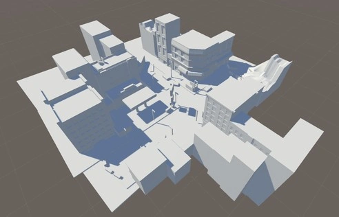 screenshot of an untextured city block 3d model group with minimal lighting in unity editor