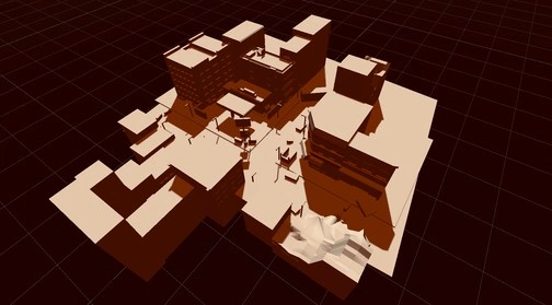 screenshot of an untextured city block 3d model group with a red dusky skybox