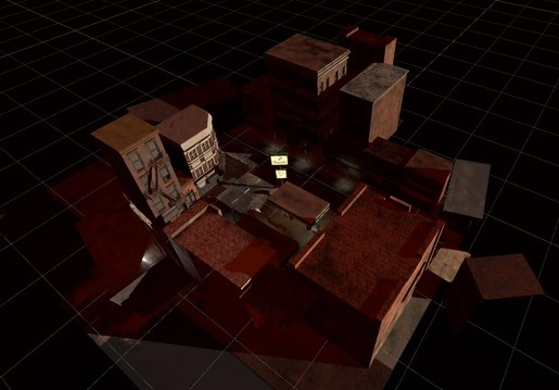 screenshot of a post-apocalyptic city block in unity editor. an atmospheric dark with minimal lighting skybox has been applied. textures and lights have been placed in the scene along with the buildings textures. the buildings are covered in dust and grime.