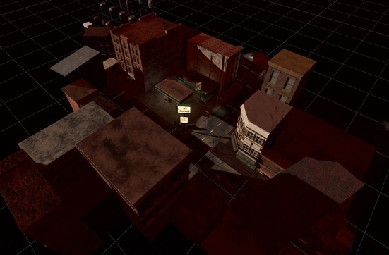 screenshot of a post-apocalyptic city block in unity editor. an atmospheric dark with minimal lighting skybox has been applied. textures and lights have been placed in the scene along with the buildings textures. the buildings are covered in dust and grime. street trash assets can be seen in the back