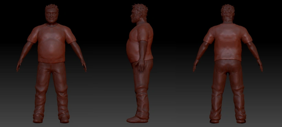 a screenshot of a 3d model of an old male model sculpted in ZBrush editor. there are turn around views of the front, side, and back. he is wearing a t shirt and jeans and outdoor shoes. his hands are small, his hair is wild, his bear unkept, his face stern, and his eyebrows wild.
