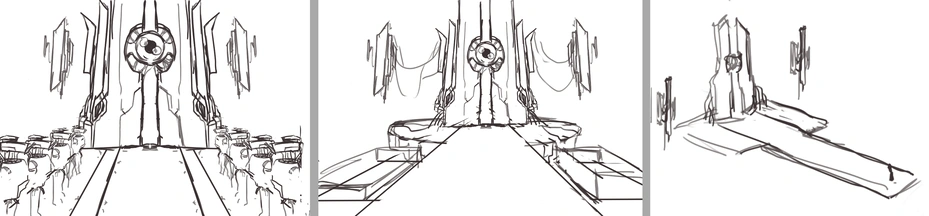 several digital sketches and iterations of the authoritarian scene. space like droids line the area with the obelisk structure with its veins and wires float in the center