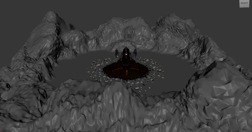 screenshot of a 3d model scene blocked out in maya viewport. basic textures of black and red and lighting are present on the obelisk. the obelisk is hovering over a huge pit of raised rocky terrain. the obelisk is black and red and glowing in many places including the central eye that is attached to the more mechanical structures through its vessels and veins. wires hands from parts of the structure. around the structure is several snowy cabins. large white snowy mountains encompass the entire scene